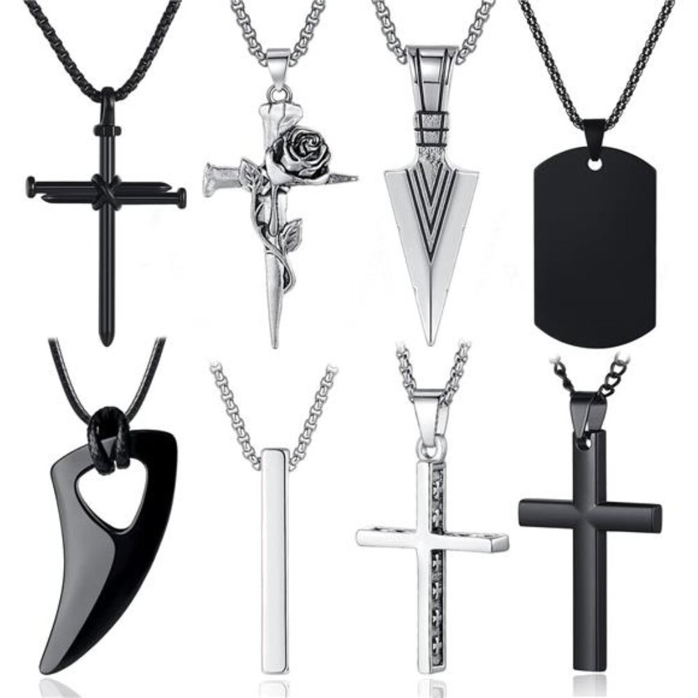 8 Pcs Necklace for Men, Mens Necklaces Jewelry Set, Black and Silver